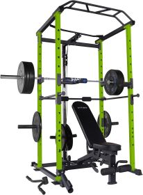 Multi-functional Power Cage with Adjustable Pullup Squat Rack- 210Lbs Olympic Rubber Plates