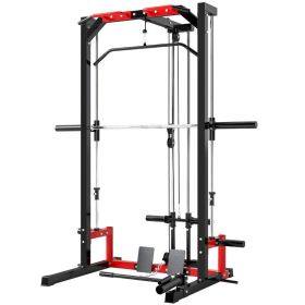 Smith Machine Power Rack with Pull Up Bar, Lat Pull Down System, Landmine, Squat Rack, and Barbell Bar (Option: Black, Red-2080x240x75 mm)