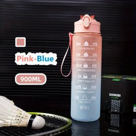 32oz/900mL Motivational Water Bottle With Straw & Time Marker (Color: Pink-Blue)
