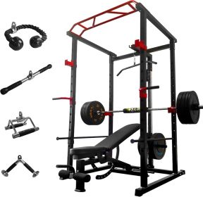 Multi-functional Power Cage, Adjustable Pullup Squat Rack with Barbell Rack (Color: Black-Red)